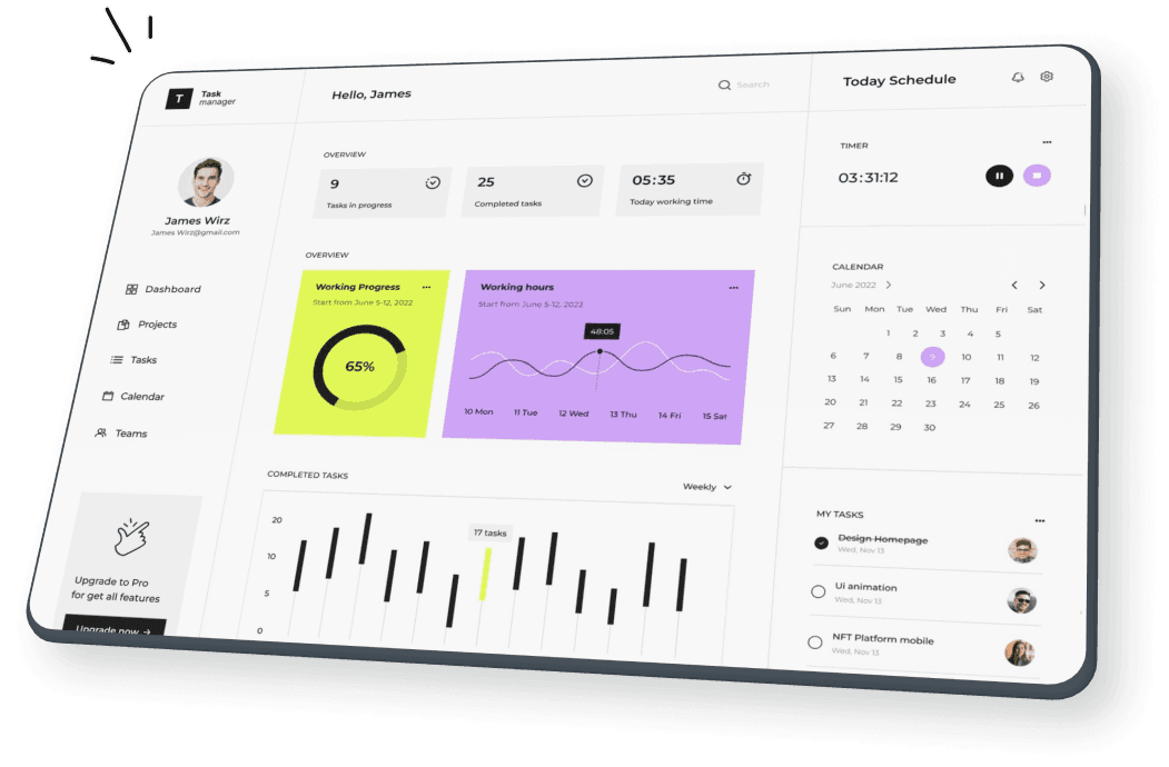 Voorbeeld van een portaaldashboard met taken, planning en rapportages